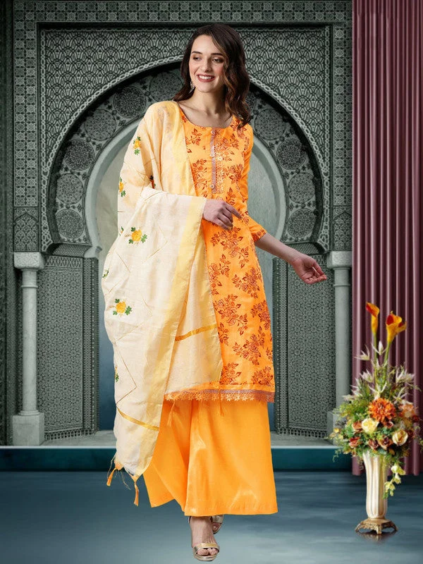 End Of The Year Women's Mustard Modal Silk Embroidered Kurta With Trouser & Dupatta - Aastha Fashion