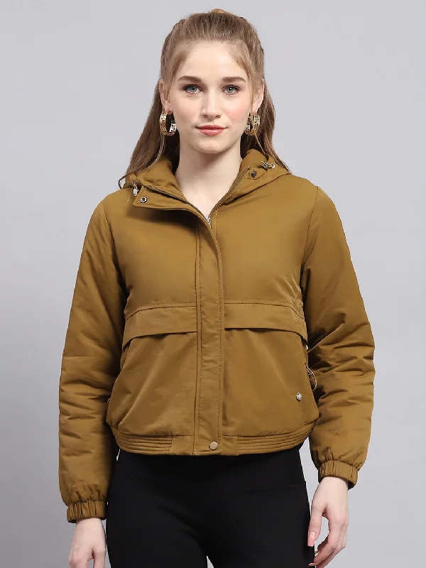 Luxury Classic Women Khaki Solid Hooded Full Sleeve Jacket