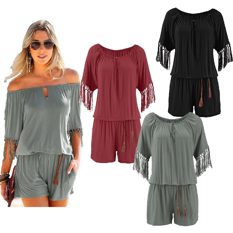 Sports And Leisure Summer Casual Short Jumpsuit & Rompers with Tassels