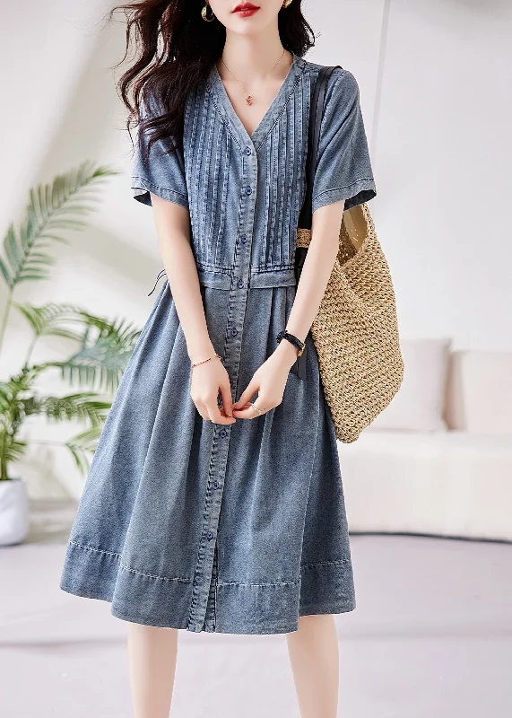 British Style French Blue V Neck Button Drawstring Denim Blouses Dresses Summer