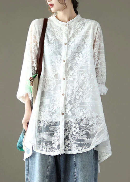 Quality Tailoring Loose White 2024 Hollow Out Lace UPF 50+ Shirts Long Sleeve