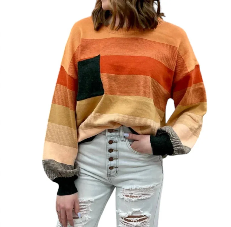 Retro Design Fall Stripes Sweater In Orange Combo