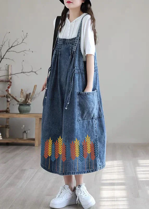 Luxury Customization Plus Size Blue-Leaves drawstring pocket Spaghetti Strap Cotton denim Dress Spring