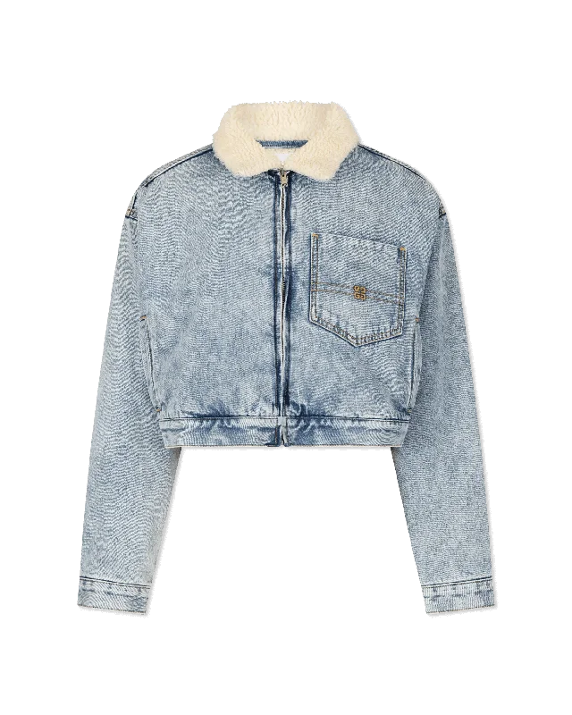 Celebrity Picks Bi Material Shearling Collar Cropped Denim Jacket