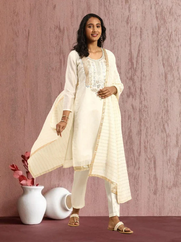 Fashionable Prints Women's White Chanderi Silk Embroidered Kurta With Trouser & Dupatta - Aastha Fashion