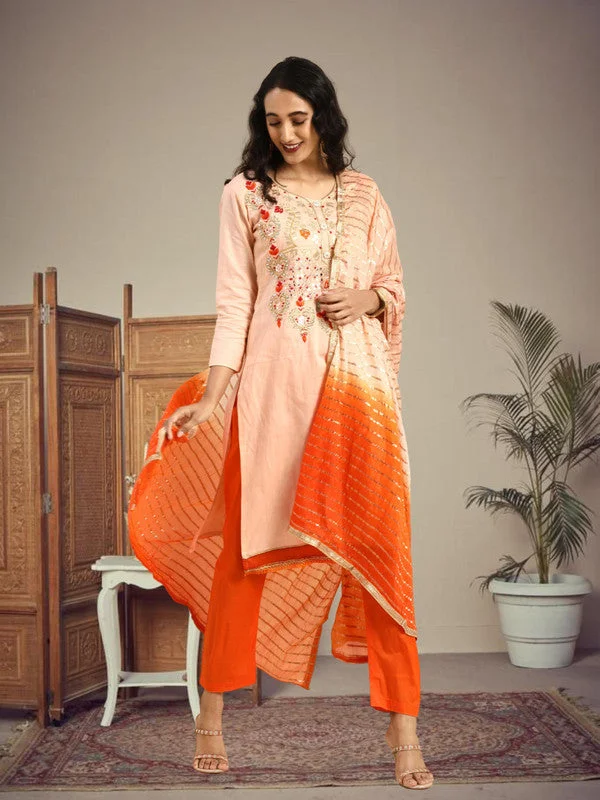 Fashionable Inner Wear Women's Peach Glass Cotton Embroidered Kurta With Trouser & Dupatta - Aastha Fashion