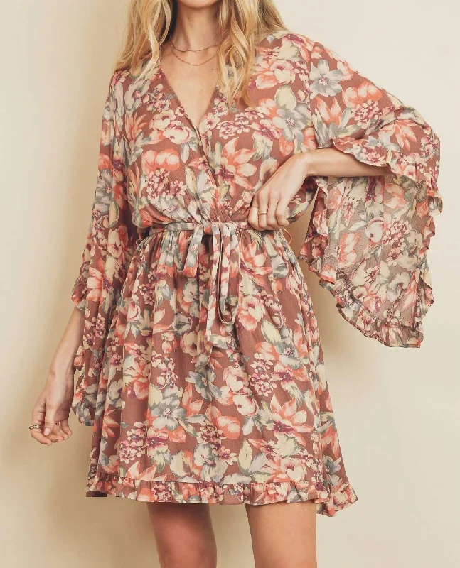 Tropical Style Botanical Ruffled Kimono Sleeve Dress In Mauve/multi