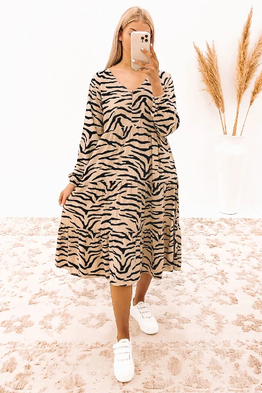 Quality Tailoring Cali Midi Dress Taupe Zebra