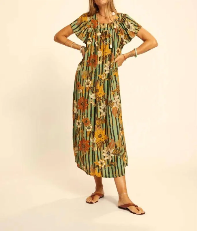 Stylish Comfort Silk Print Sienna Dress In Sunflower Stripe Moss Green