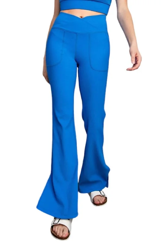 Exquisite Details Nylon Rib V Waist Crossover Flared Leggings In Electric Blue